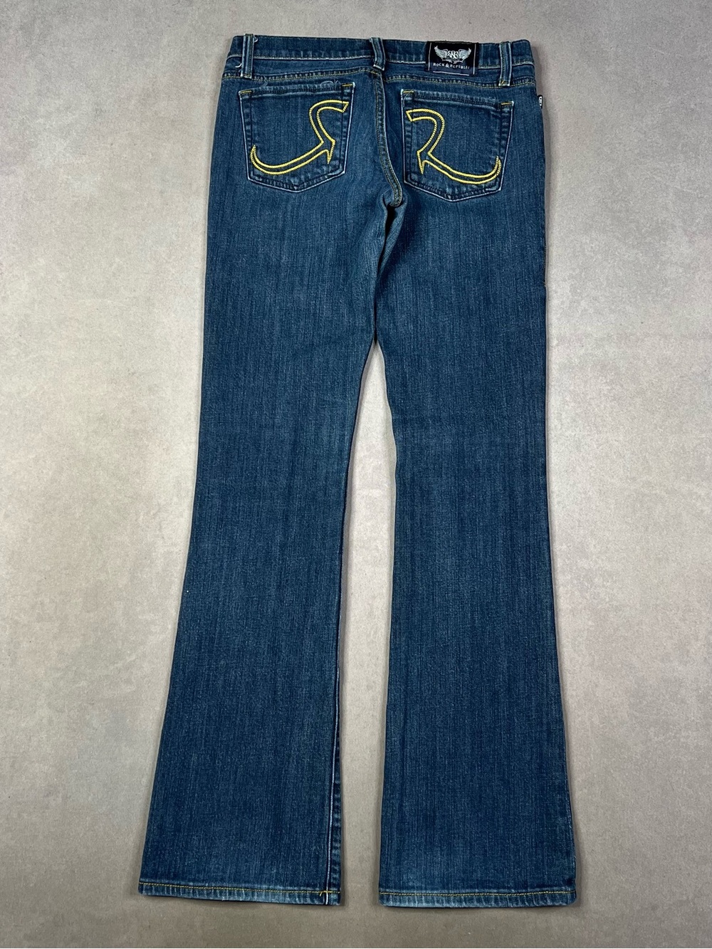 Rock & Republic Dark Blue Flare Low Rise Jeans with Yellow Pocket Stitching Y2K